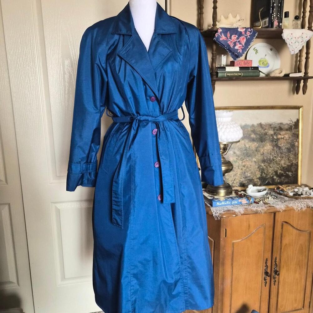 Vintage London Towne Peacock Blue Trench Raincoat US 4 Petite